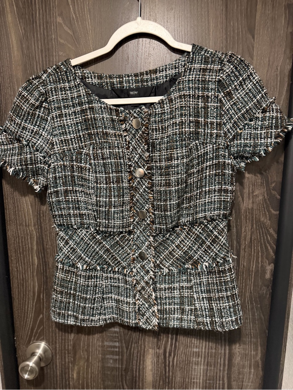 Mossimo Tweed Peplum Top Size Small Black White Short Sleeve Chic Boutique Style